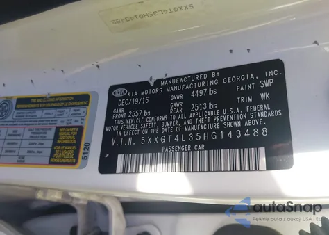 2017 Kia Optima Lx z USA, uszkodzony, nr VIN 5XXGT4L35HG143488